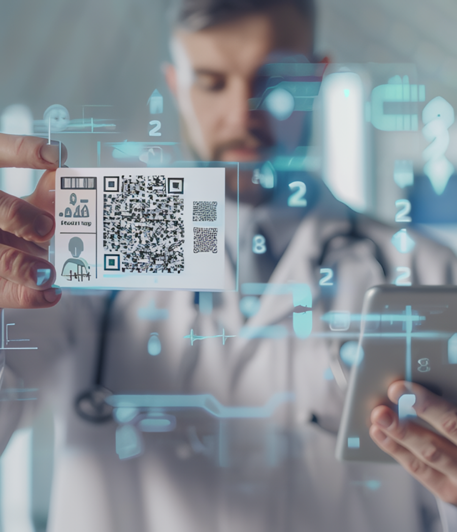 Profesional de la salud escaneando la credencial QR con el historial médico del paciente